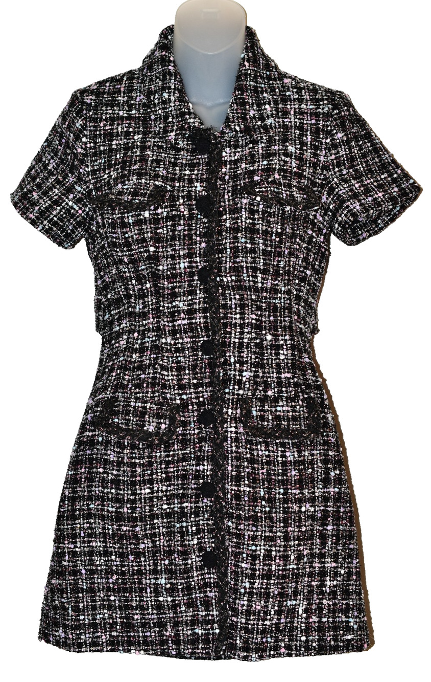 Self-Portrait Metallic Black Checked Bouclé Mini Dress Button Down US 2 UK 6